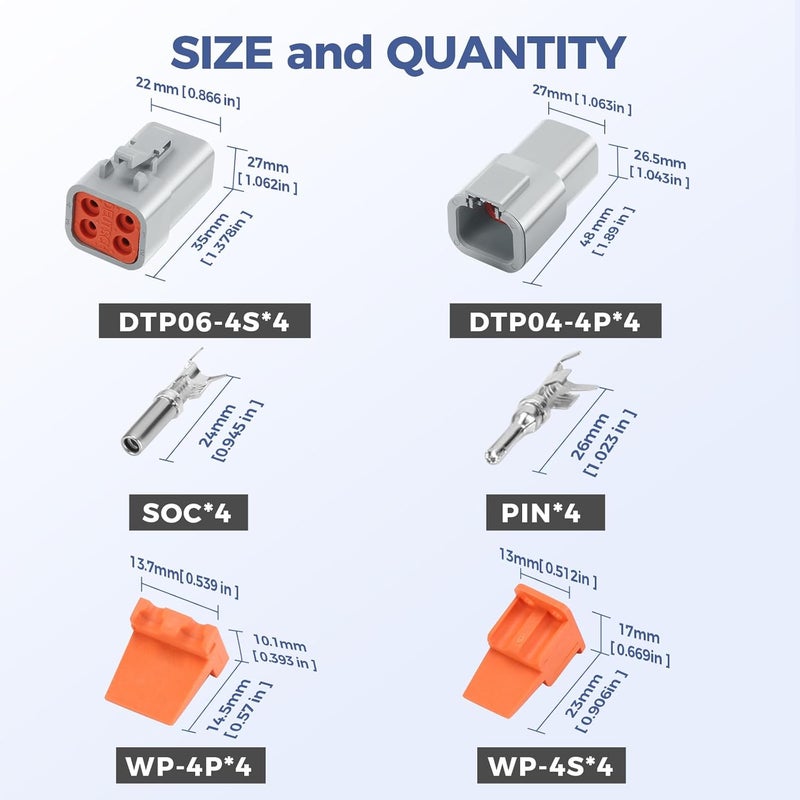 Deutusacc 48 PCS Deutsch DTP Connector Kit 4 Pin Automotive Waterproof Connectors 4 sets with Size 12 Stamped Contacts Gauge 14-12 AWG Wire Size,25A - Image 2